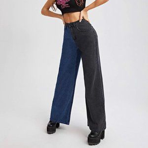 WDIRARA Women's Two Tone High Waist Wide Leg Jeans Colorblock Denim Pants